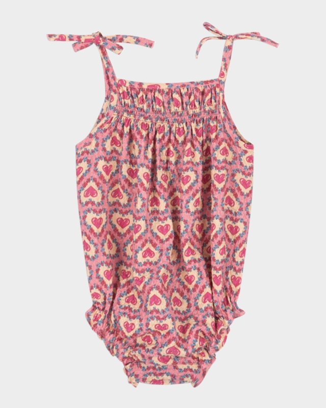 Girl's Vivian Heart-Print Bubble Romper, Size 3M-18